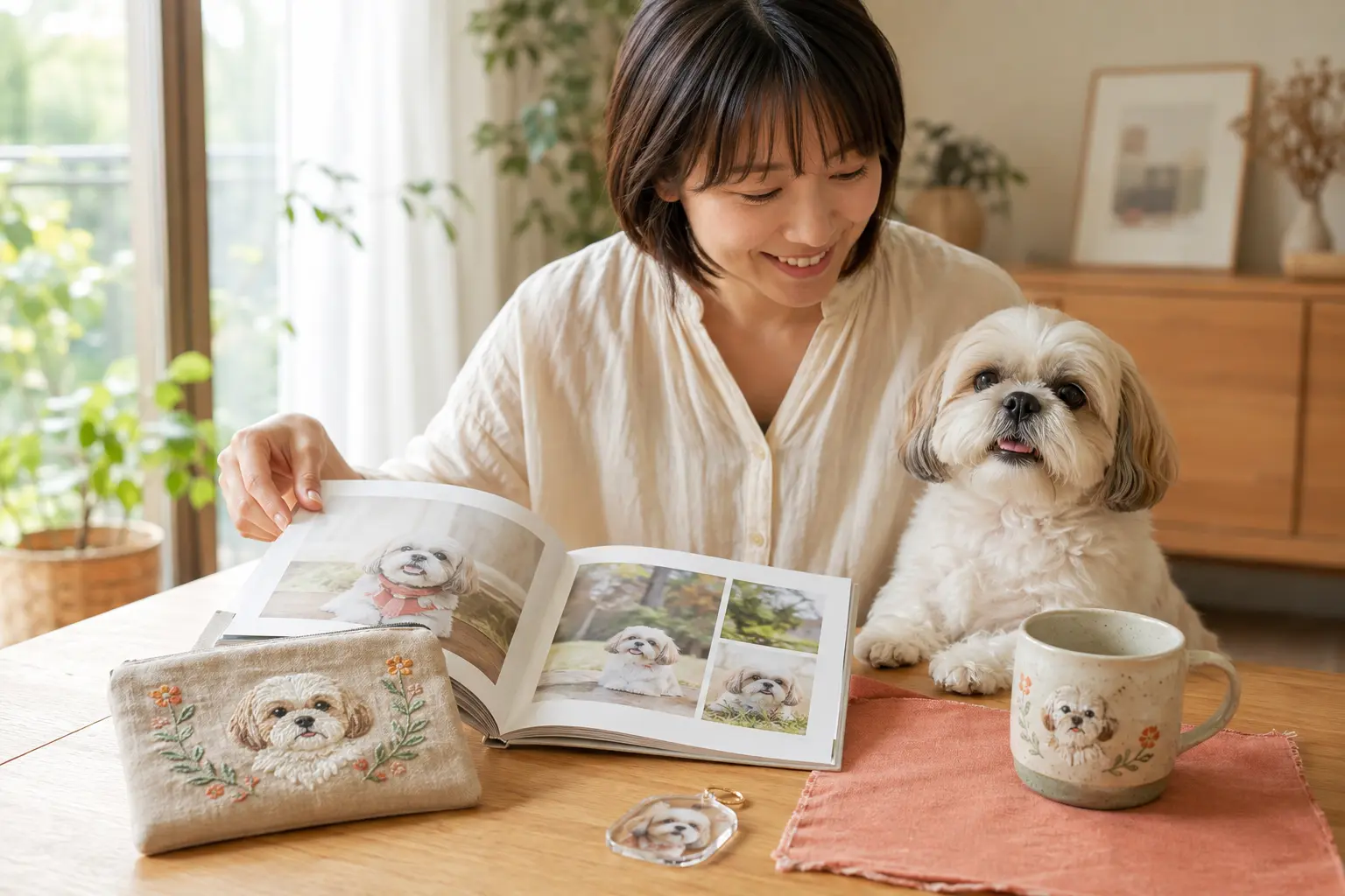 犬のフォトブックと刺繍ポーチ、アクリルチャーム、マグ