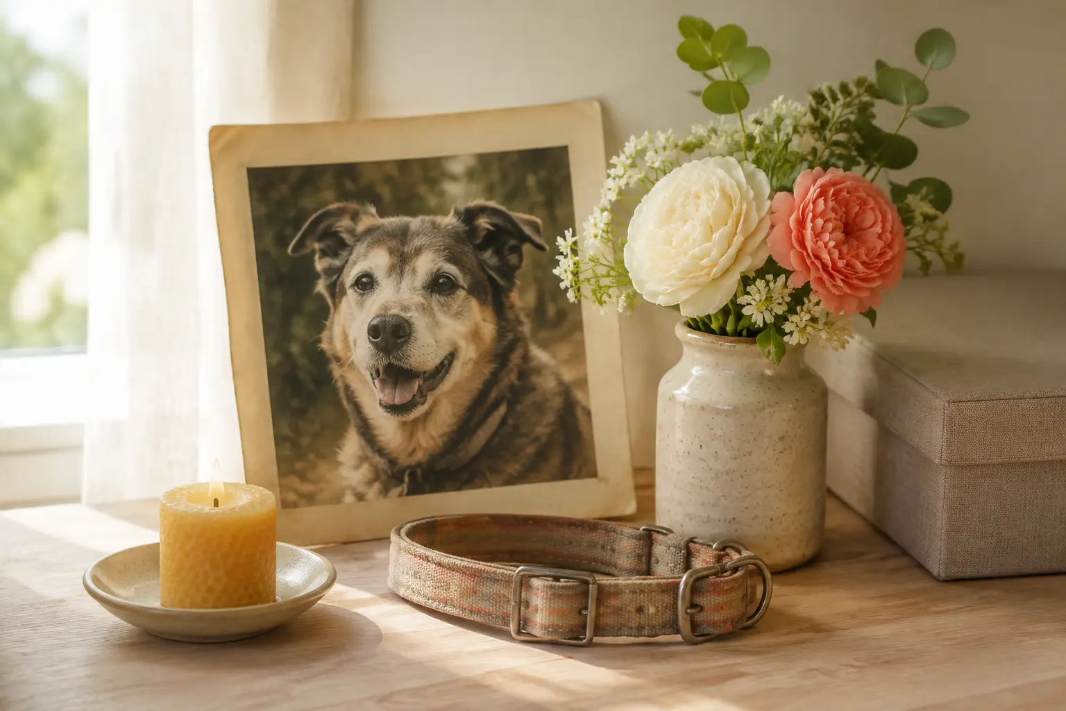愛犬の写真と花、灯り、首輪を静かに飾った思い出の場所