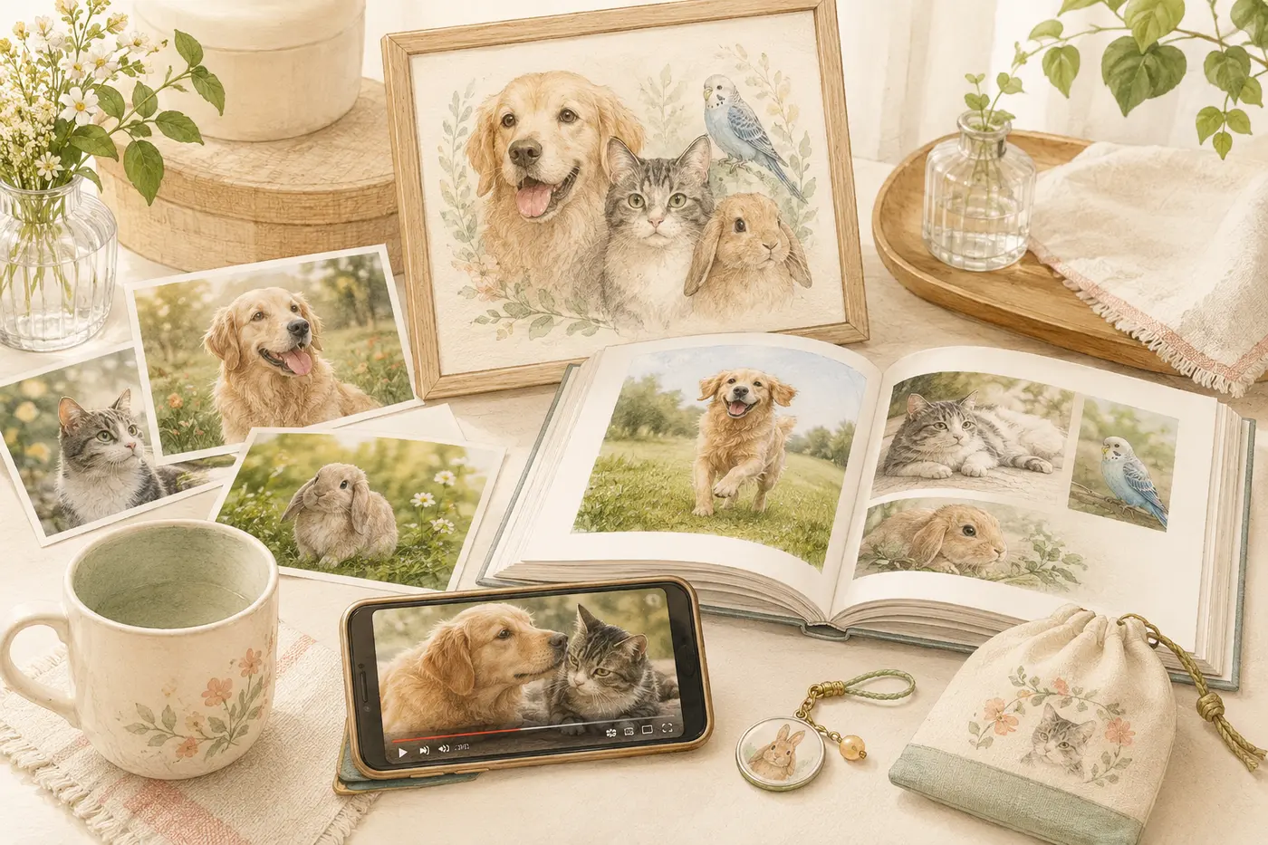 ペットの写真、似顔絵、フォトブック、動画、オーダーグッズを並べたイラスト