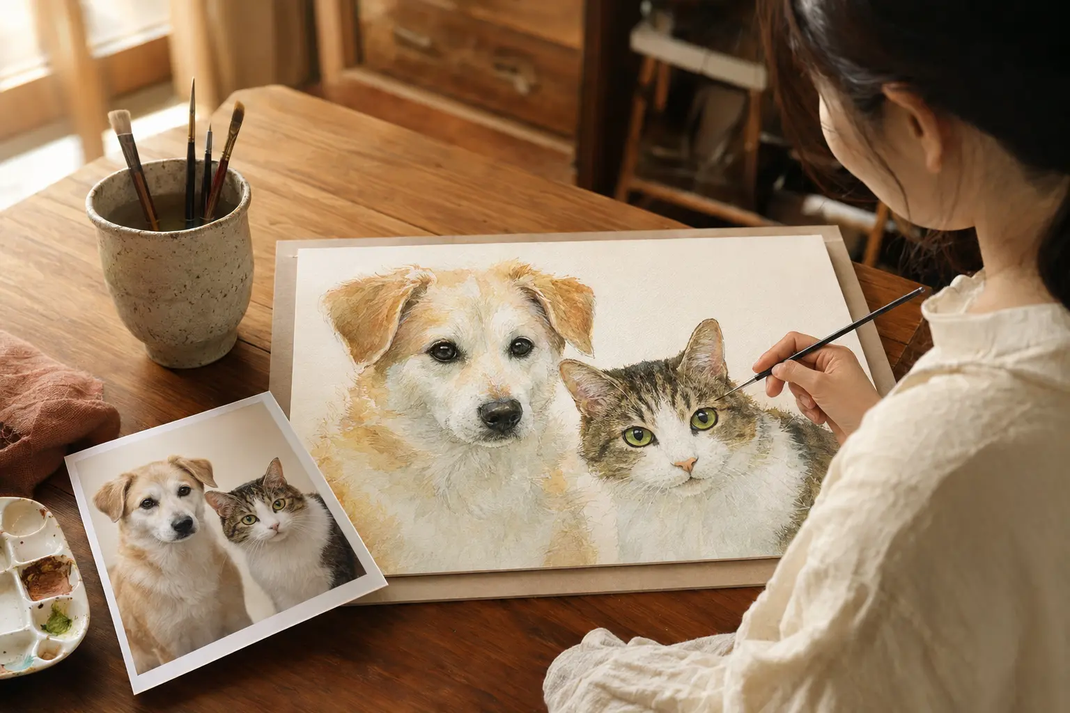 写真を見ながら犬と猫の似顔絵を描く作家
